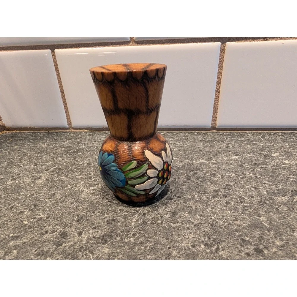 Hand‎ Carved Wooden Bud Vase Folk Art Hand Painted Flowers SIGNED